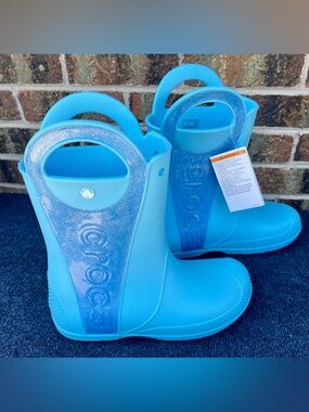 CROCS Kids' Bright Blue Glitter Handle Rain Boots size J6 New w tags